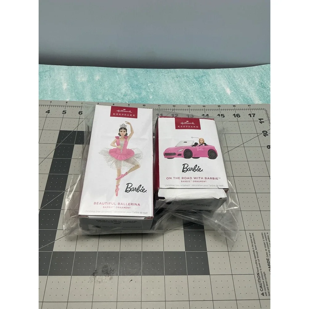 Hallmark Keepsake Barbie Ornaments 2017 Ballerina & 2018 Pink Convertible Set
